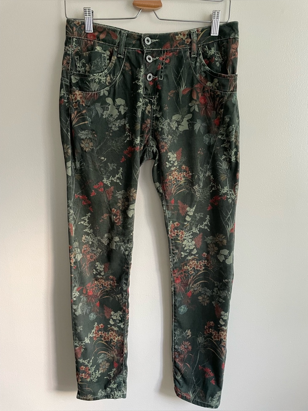 PLEASE Floral Jeans Made in Italy Olive Green Botanical Print Boho Small S